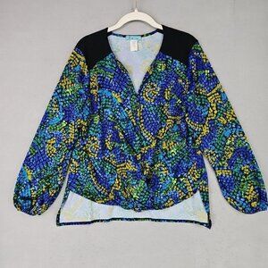 Double Click High Low Tunic Blouse Womens M Colorful Abstract Art Jersey Knit